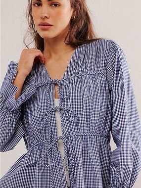 Nigel Preston For Free People Navy Gingham Tie-Front Peasant Blouse
